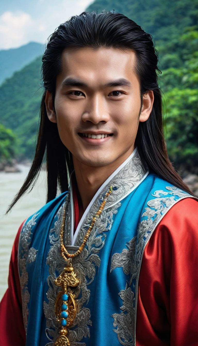 Character Lenh Ho Xung, work Tieu Ngao Giang Ho by Kim Dung, China, ancient swordplay film. Handsome young man, long hair, brown skin, very handsome makeup, hair with spiritual accessories, wearing ancient Chinese costumes of blue and red brocade in many colors, holding a ((long sharpen sword)), wearing jewelry care, ((smiling face)), using high-end cosmetics. The photo shows a strong, graceful look, strong spirit, the boy's eyes look straight directly to camera. The background is the rocks on the river surrounded by trees, limestone pillars, mountain river trees, majestic natural scenery, beautiful Vietnamese jungle, beautiful nature in the background, Chinese scenery, forest and river, very beautiful scenery, beautiful jungle scenery, wonderful scenery, trees and cliffs. Background of the river forest, mountain forest scenery, beautiful jungle, blue sky, white clouds. Hong Kong cinema style. Cinematic light, high detail, 8K, artstation, artistic concept, any virtual darkness. Photo taken with Canon EOS R5 85mm f/11 camera, sharp mode of people and surroundings. Photo quality 8K, realistic, masterpiece, sharpest and highest contrast, amazing depth of field, stereoscopic light, strong and fierce emotion, detailed pore defect, Direct light on face, bright sunlight.