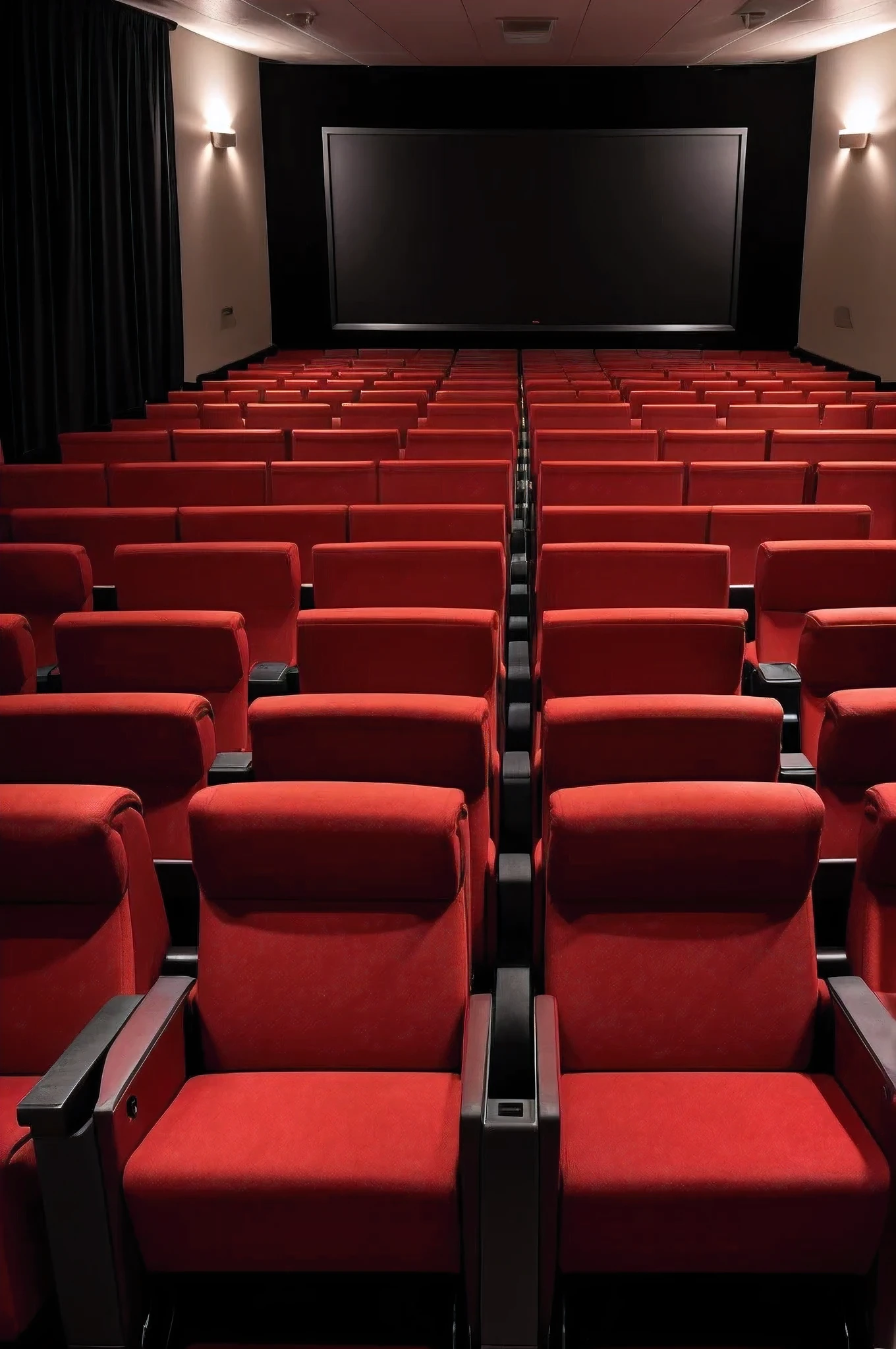 An image of a row of empty red cinema seats 2D perspective, Dark room