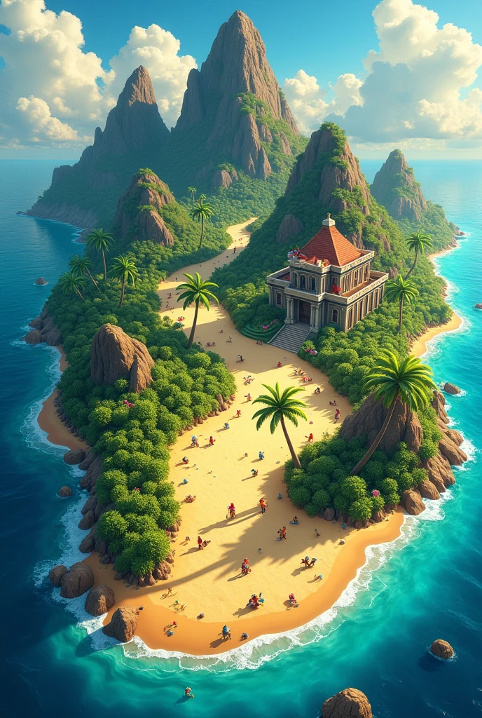 I want you to make a board for a game with approximately 60 squares to advance with the pawns and that goes to various parts of the board.. The image will be of a tropical island seen from above as if it were a game board., divided into: beachfront, cavern, moutain, forest and mansion.
