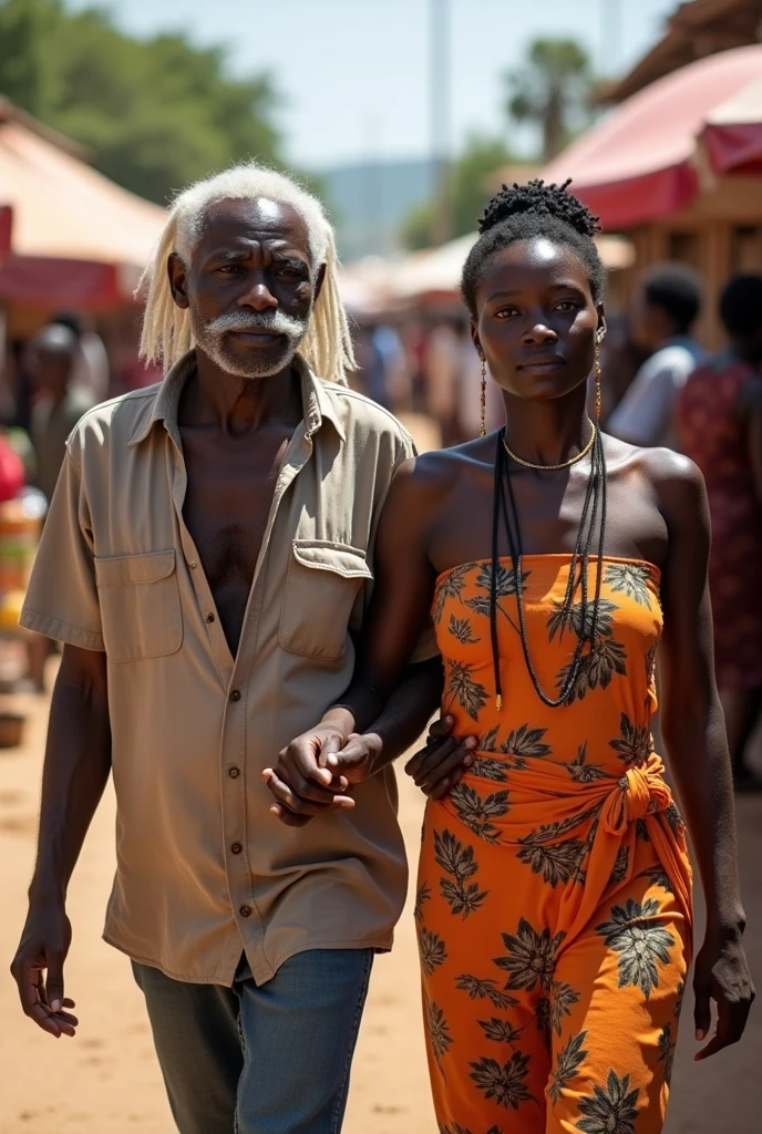 Créer une image de Met Bayi avec son bâton Legba, Mulâtre haïtien teint blanc, aux cheveux blancs très longs, ainsi que ses moustaches.., se promenant au marché de Gonaïves, Haïti avec sa jeune femme Sasoune de 38 ans très belle femme afro-américaine,  De beaux yeux., cheveux naturels long,Portant des habits traditionnels blancs avec des colliers. Cadre lumineux, ils sont au mîieu du marché, les marchands, les etalages, les passants visibles
