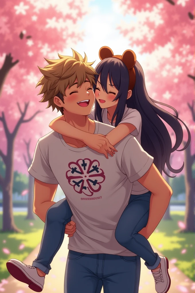 An anime man with brown-blonde hair and he is piggybacking an anime woman with long black hair and brown cute bear ears on his back