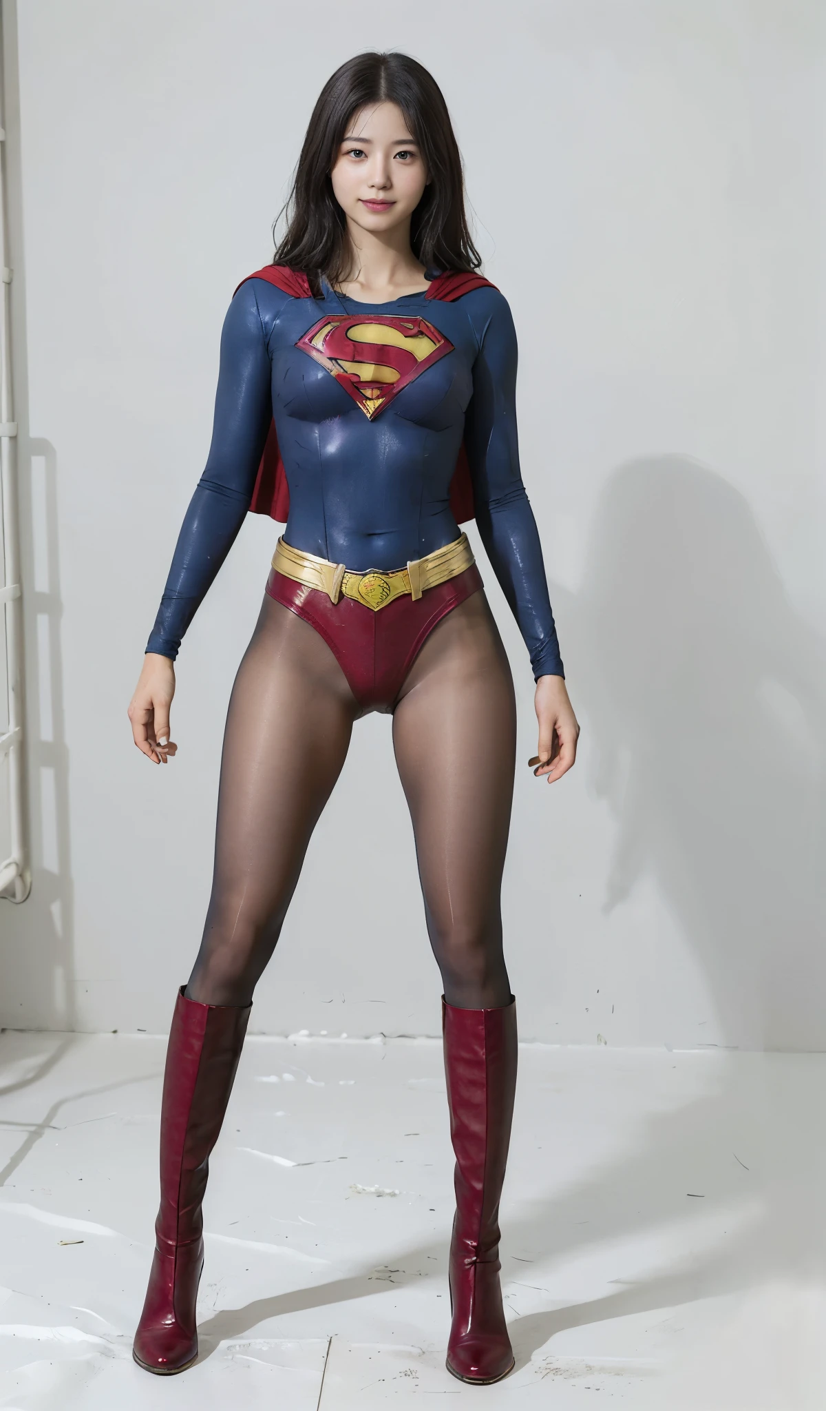 No background、(((Beautiful legs in black tights.)))、(((Legally express the beauty of your smile)))、((((Make the most of your original images)))、(((Supergirl Costume)))、(((Beautiful Hair)))、(((suffering)))、(((Please wear black tights....、Wear red boots)))、((Best image quality、8k))、((Highest quality、8k、masterpiece:1.3))、(((Preserve background )))、Sharp focus:1.2、Beautiful woman with perfect figure:1.4、Slim Abs:1.2、Wet body:1.5、Highly detailed face and skin texture、8k