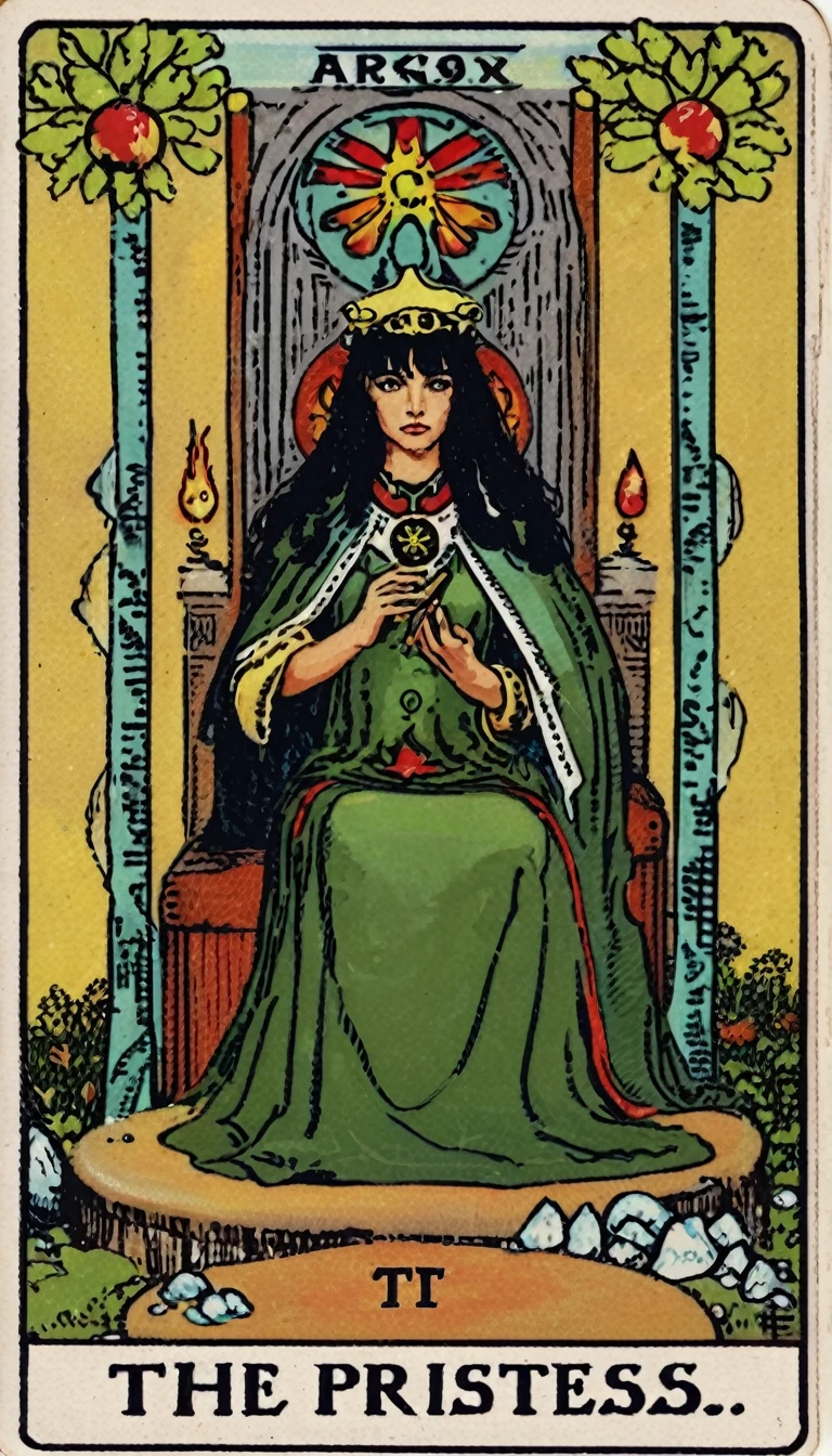 SWholo sitting in the garden, "empress" text,  black hair,  lks73zb1, tarot card style ,  ((TAROT CARD ART)) that represents Kagome (wearing a green skirted Japanese schoolgirl uniform) from Inuyasha in traditional tarot art style. holding floating crystal shard. dreamy look, breathtaking, stunning creative medieval tarot art. text at the bottom reads "The Priestess" arcana in the style of TOK a trtcrd, tarot style