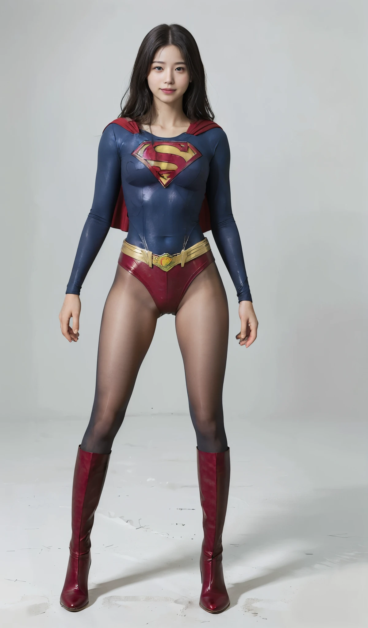 No background、(((Beautiful legs in black tights.)))、(((Legally express the beauty of your smile)))、((((Make the most of your original images)))、(((Supergirl Costume)))、(((Beautiful Hair)))、(((suffering)))、(((Please wear black tights....、Wear red boots)))、((Best image quality、8k))、((Highest quality、8k、masterpiece:1.3))、(((Preserve background )))、Sharp focus:1.2、Beautiful woman with perfect figure:1.4、Slim Abs:1.2、Wet body:1.5、Highly detailed face and skin texture、8k