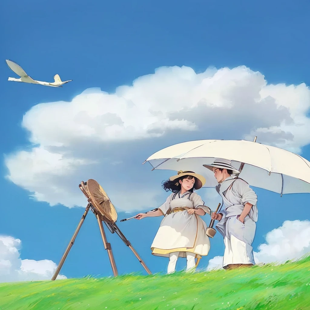A tranquil, photorealistic landscape with gently rolling hills covered in lush, green grass under a vibrant blue sky. The scene captures the essence of peaceful, nostalgic Japanese countryside, with soft, warm lighting creating a serene, dreamlike atmosphere. A few fluffy, white clouds drift lazily in the sky, and sunlight casts gentle shadows across the landscape. In the distance, a small village with traditional Japanese houses is nestled among the hills, connected by winding paths leading up the slopes.
In the foreground, a man and a woman stand together, blending seamlessly into the picturesque setting. The man is dressed in a crisp white shirt and ivory-colored pants, wearing glasses and a white polka-dotted hat. The woman wears a long-sleeved cream-colored dress with a plain white apron, holding a paintbrush in her right hand and a painter's palette in her left. She wears a beach hat adorned with a single white flower. The scene captures a quiet moment of creative inspiration and calmness, with the couple framed against the serene, idyllic landscape, evoking a sense of tranquility and reflection.