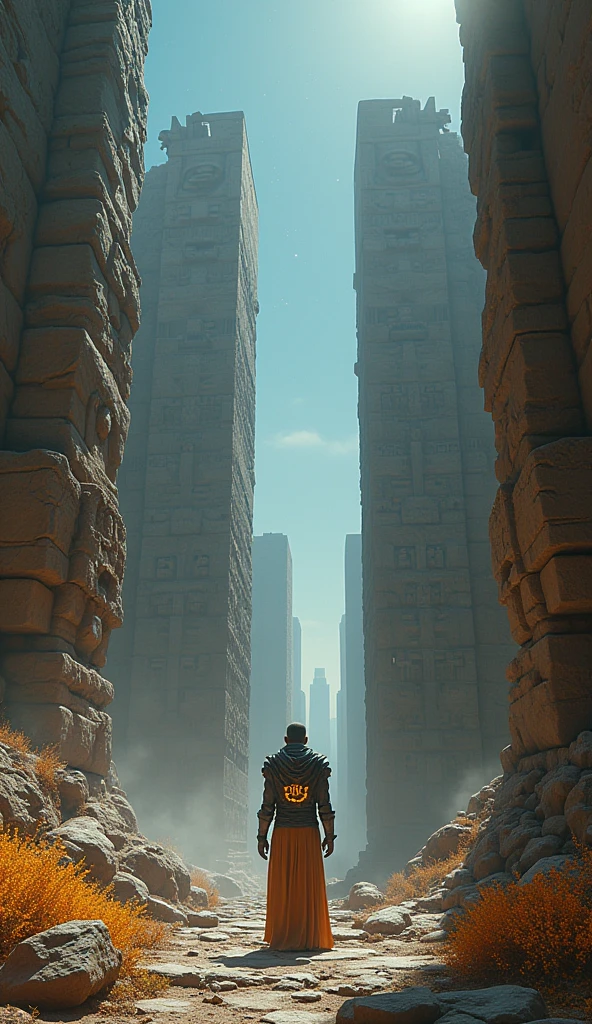 Create a 4K, hyper-realistic image of the ruins of an ancient alien temple on a desolate planet. The architecture combines alien design with elements of ancient Earth civilizations, such as towering statues and intricate carvings. The scene is lit by distant stars and glowing alien flora. A lone figure, possibly the tormented warrior, stands in contemplation among the ruins. Focus on the contrast between ancient and futuristic elements, detailed textures of stone and metal, and the eerie, mysterious atmosphere