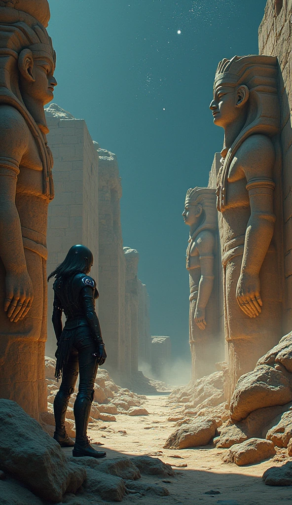 Create a 4K, hyper-realistic image of the ruins of an ancient alien temple on a desolate planet. The architecture combines alien design with elements of ancient Earth civilizations, such as towering statues and intricate carvings. The scene is lit by distant stars and glowing alien flora. A lone figure, possibly the tormented warrior, stands in contemplation among the ruins. Focus on the contrast between ancient and futuristic elements, detailed textures of stone and metal, and the eerie, mysterious atmosphere