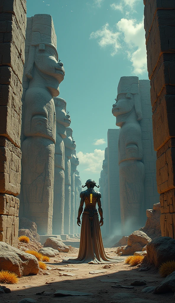 Create a 4K, hyper-realistic image of the ruins of an ancient alien temple on a desolate planet. The architecture combines alien design with elements of ancient Earth civilizations, such as towering statues and intricate carvings. The scene is lit by distant stars and glowing alien flora. A lone figure, possibly the tormented warrior, stands in contemplation among the ruins. Focus on the contrast between ancient and futuristic elements, detailed textures of stone and metal, and the eerie, mysterious atmosphere