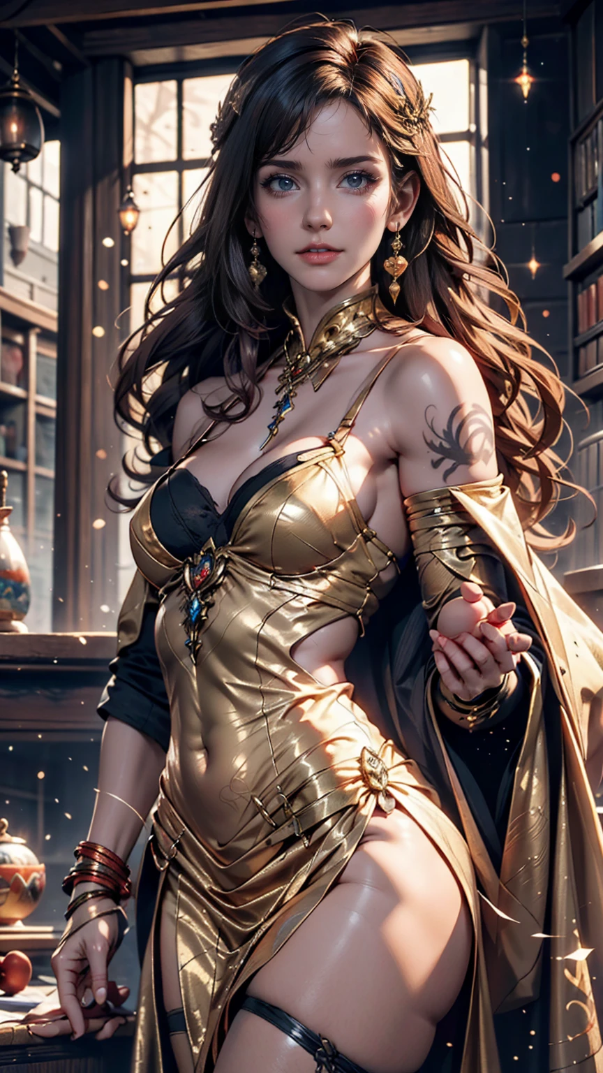 (The Goddess of Sand, beautifully decorated like in the movie, Golden Dress, Shiny gold tattoo), (Galactic Shaman with Quantum Energy Fantasy), Fantasy magic, Long Hair, Dark light night, Complex, Mysterious, Sharp focus, figure, Very detailed, Digital Painting, コンセプトart, mat, (art:WLOP), (Justin Gerard and Jason Edmiston: 1.5), (Greg Rutkowski: 0.4), (Alphonse Mucha: 0.4), masterpiece
