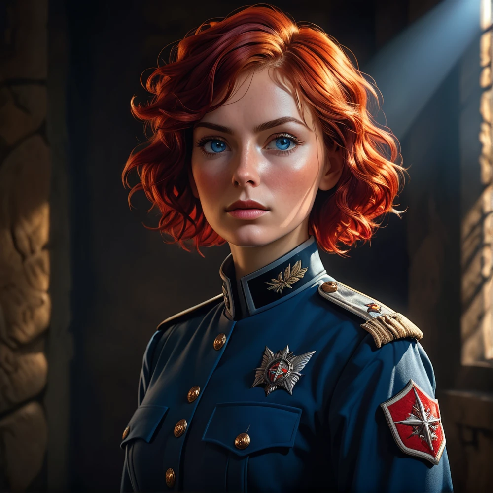 a woman in a blue military uniform, red short wavy hair, gray eyes, detailed facial features, military general, realistic portrait, dramatic lighting, dramatic shadows, cinematic composition, photorealistic, 8k, masterpiece, highly detailed, hyper realistic, vibrant colors, studio lighting, medieval