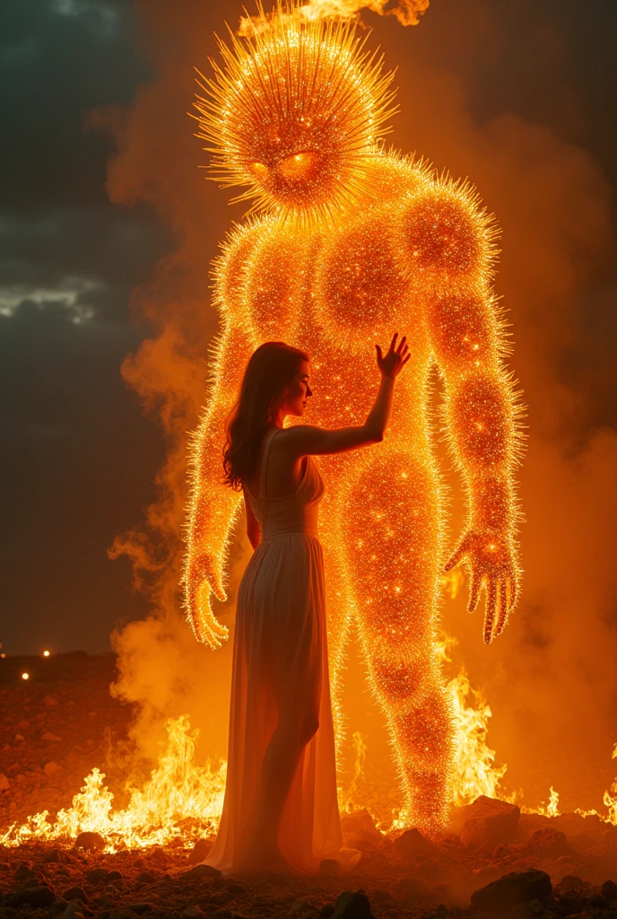 Generate a photo where a person hug a physical fire spitting idol, full of sharp diamond needles which could pierce through their bodies.