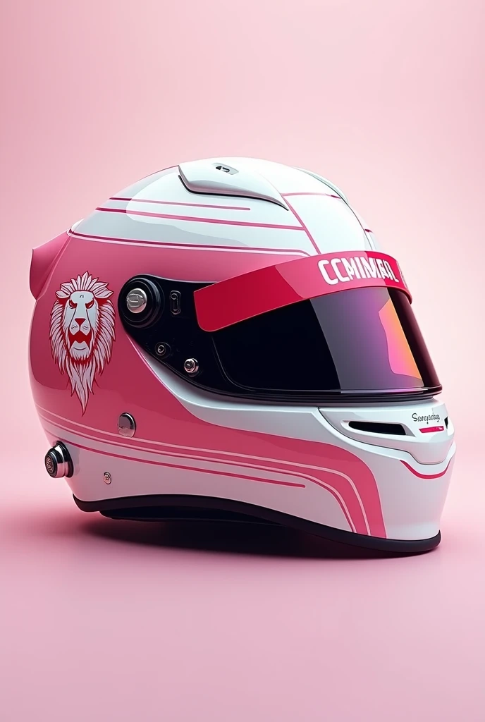 F1 Helmet design. Pink dominant, faded colour, white accent. Vector Lion head symbol represent singapore gp. Make it elegant, luxurious, and f1 spirit. Include top, side, back view