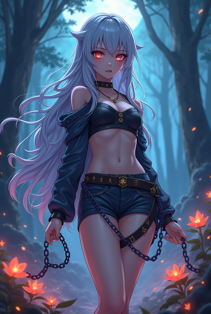 female character in the Naruto universe with long white hair, super seductive and beautiful black eyes, powerful with an 18-year-old face, without a clan and holding a Pandora's box wearing short black clothes and with an evil expression