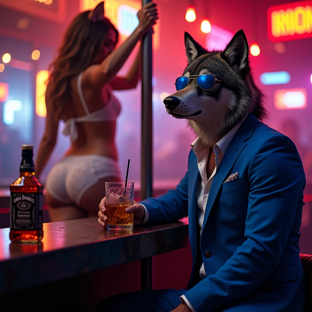 Man with wolf mask, blue aviator lenses, Blue suit, He is sitting at the bar of a pole dance bar with neon lights, A young woman in white lace lingerie dances on the bar, with big breasts, long legs, big buttocks, long messy brown hair, She has a tail and fox ears, There are alcoholic beverages, Jack Daniels