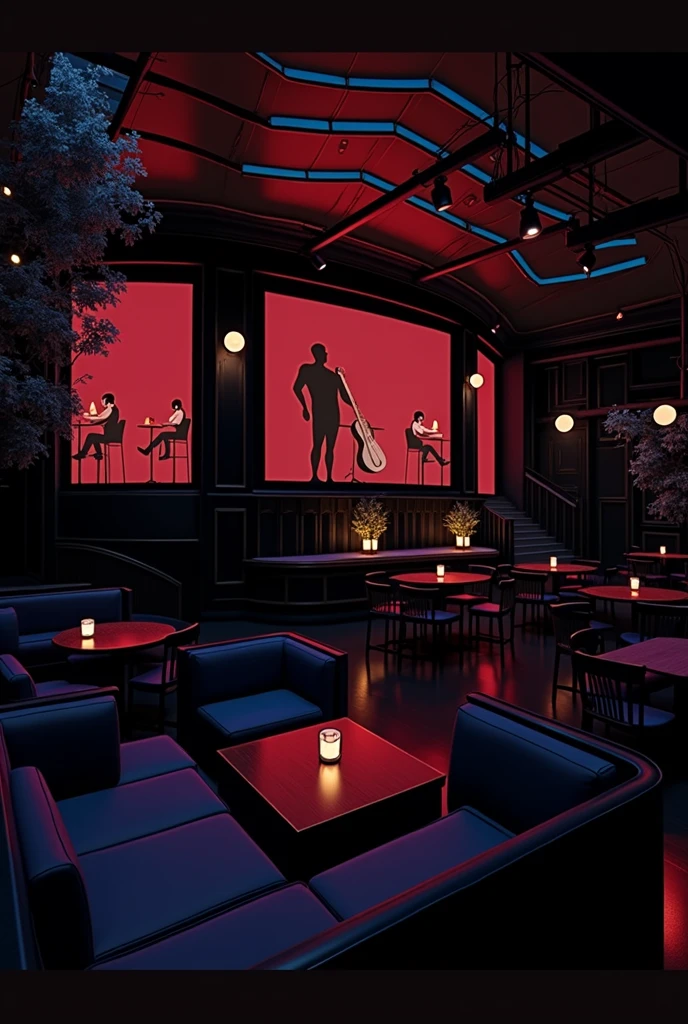 photorealistic, red, jazz club, stage, large interior, tables, spacious, big building, tables and chairs, performing stage, moody, red