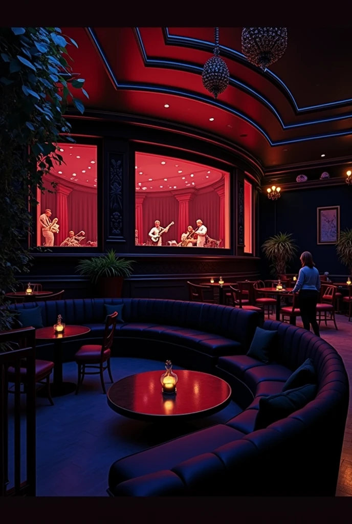 photorealistic, red, jazz club, stage, large interior, tables, spacious, big building, tables and chairs, performing stage, moody, red