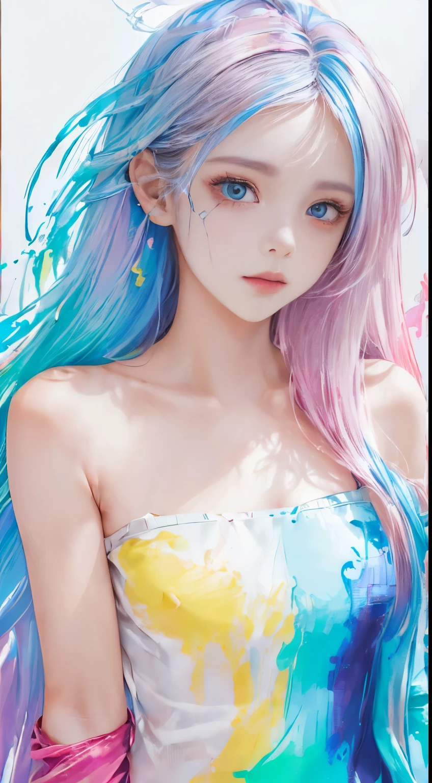 (pink fashion t-shirt:1.9),(fancy 머리: 1.8), (all the colors of the rainbow: 1.8),(((((vertical Painting:1.6))), (Painting:1.6),front, comic book, illustrations, Paintings, big eyes, crystal clear eyes,( Rainbow gradient high ponytail:1.7), exquisite makeup, closed mouth,(small fresh: 1.5),(Wipe the chest: 1.6) ,long eyelashes, White off-the-shoulder T-shirt, white shoulder shirt,Looking at the audience, big eyes물을 흘리는 눈, (rainbow colored hair:1.6), color splash, (alone:1.8), color splash, Color explosion, thick Paint style, messy lines, ((shining)),(fancy), (fancy), (fancy), fancy, Thick Paint Style, (fried food) (Color fried food), Vertical Painting, upper body, Paint fried food, acrylic pigment, gradient, Paint, Best image quality, best quality, masterpiece, alone, depth of field, Face Paint, fancy clothes, (elegant: 1.2), very cool,long hair, wind, (elegant: 1.3), (petal: 1.4),(((masterpiece))),(((best quality))),((very detailed)),(illustration),(dynamic angle),((floating)),(Paint),((disheveled hair)),(alone),(1 woman) , (((Detailed Anima Face))),((Beautiful and detailed face)),color,bare shoulders,gray hair, ((fancy hair)),((Striped hair)),beautiful and delicate eyes,(gradient color eyes),(((fancy eyes))),(((fancy background))),(((highly saturated))),(((surrounded by fancy splashes))),