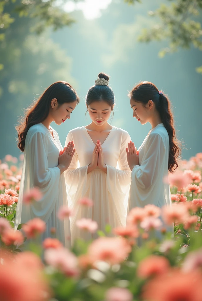 Beautiful girl，beautiful face，pretty，woman face，Korean idol，supermodel，Nice and innocent symmetrical face, seven sacred korean young girls, in her twenties, praying in a circle, whilte dress, world map background, flower garden background, bokeh, 8k, realistic, sacred expression,, seven girls, korean idol, clean skin