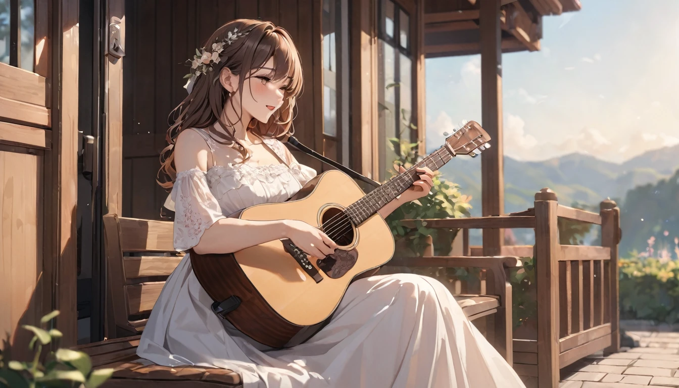 Highest quality,Playing Acoustic Guitar,Brown Hair,Wearing a dress,cute,outside