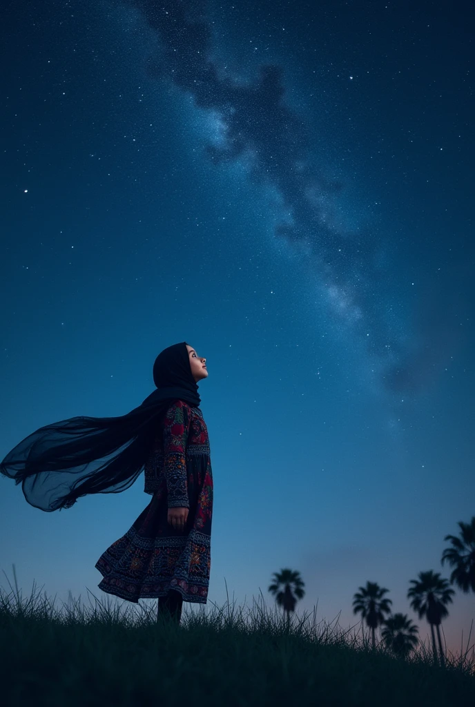 A muslim girl standing and looking at the stars