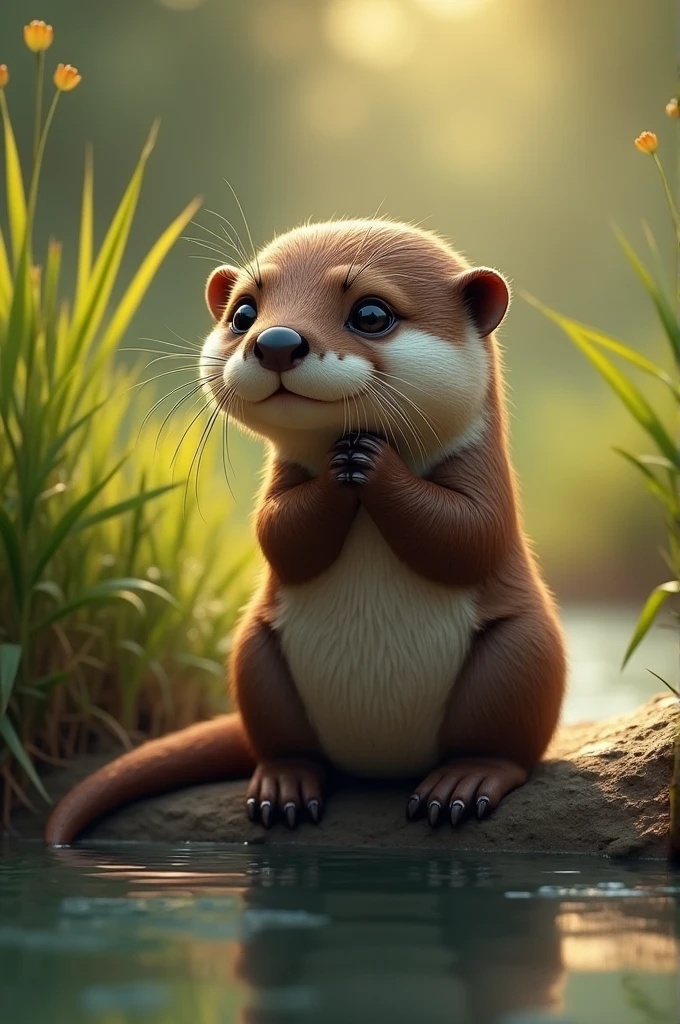 Create a realistic image of an otter showing shame. The otter should have a facial expression that conveys shyness and embarrassment.. Your eyes should be slightly averted to one side., with the ears slightly lowered. The otter should have its front paws partially covering its face or hugging its body., as if trying to hide. The surrounding environment may be a natural habitat for otters, like a riverbank with vegetation in the background. Lighting should be soft to enhance the otter's sense of embarrassment., perhaps with a soft spotlight that highlights your eyes and facial expression.