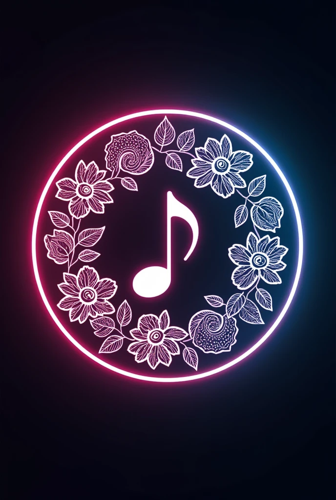 A logo Reels videos circle musical note center and flower and pattern white black around. Background Neon
