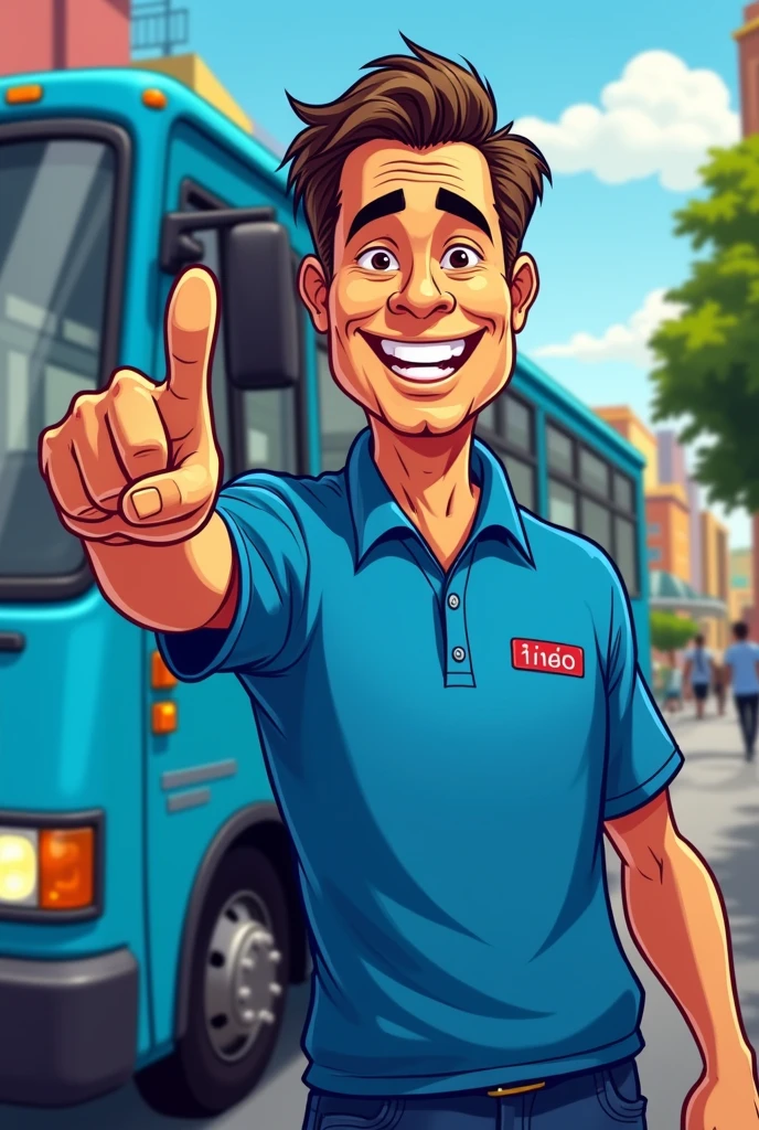 Image in cartoon format, man&#39;s, approximately 50 years,pointing forward , wearing a blue polo shirt, driving a blue bus, on this bus it says Marquinho do Transporte, and the numbers 11.140.