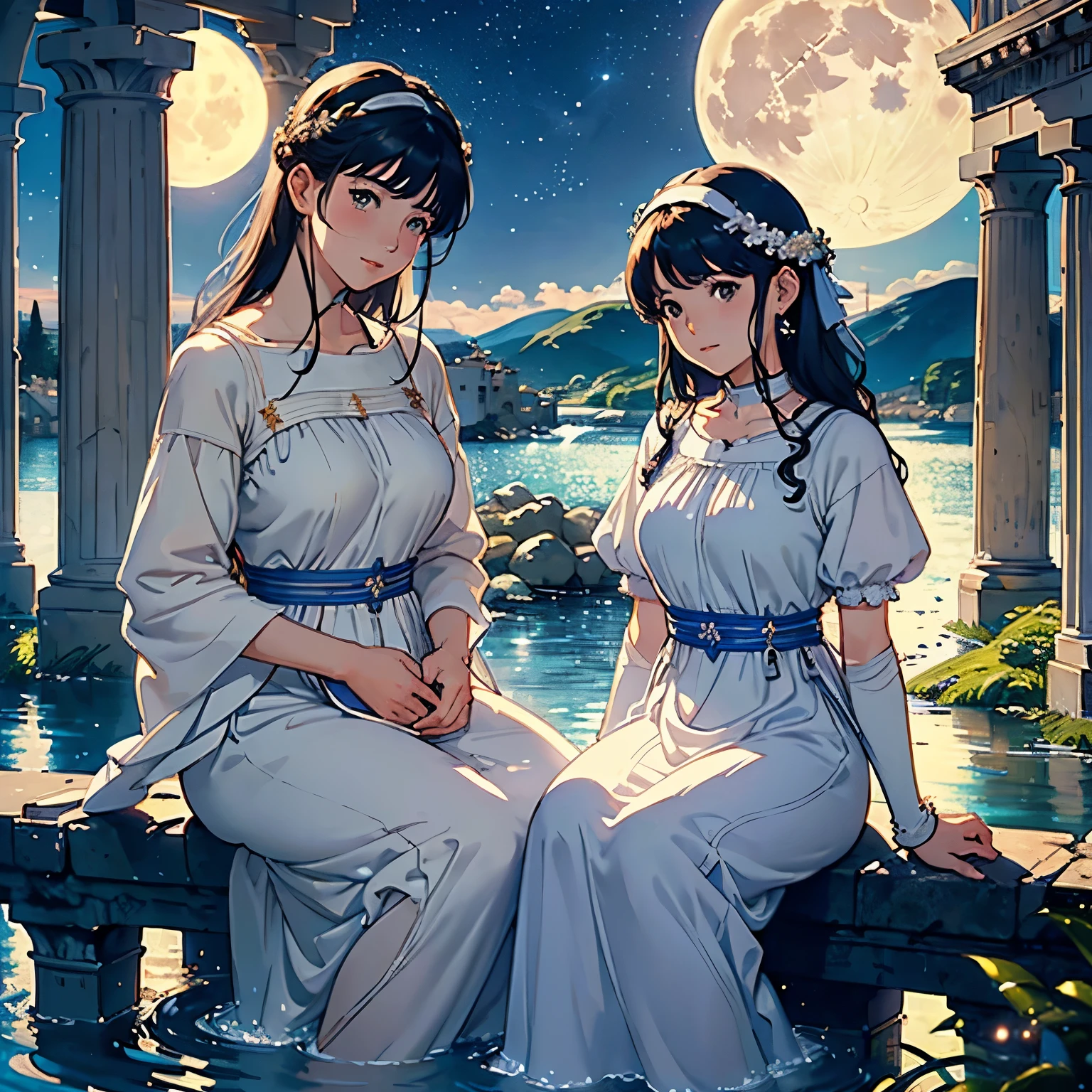 (starry skies:1.2)、(Highest quality、High resolution、masterpiece)、4K Anime Art、(two women are sitting on a rock in the river、Facing each other、whole body、18-year-old)、(ancient greek scene) 、(Detailed depiction of a beautiful face)、Put your hair up、Captivating smile、(Ancient Greek Clothing、White tunic)、Movie Scenes、Soft Light、Ray Tracing、Soft Focus、greek architecture columns、greek pine、Blur the background、(Full moon in the night sky:1.2)、(Edmund Leighton Style)、(alma tadema style)、(David Hamilton Style)、(Sergeant Style)、