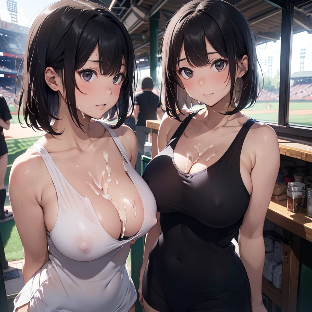 2lady(different hair style), 2lady(look of contempt), ((ultra-quality)), (Bukkake:1.5), (side view), (profile), (from side), (side colossal tit:1.6), (in 8K), (arms behind back:1.5), (arms are down), ultra highres, Hyper Detailed, High contrast, Ultrafine Strike, creative refinement, absurdres, Realistic, extremely detailed CG unified 8k wallpaper, Highly detailed, High-definition raw color photos, professional photography, Realistic portrait, Cinematic Light, Beautiful detailed, 28 years old woman, (realistic skin:1.3), (shiny skin), (Best Quality:1.4), Super Detail, High quality, master piece, lifelike, (After SEX), Bukkake, Perfect face, (cum on chest:1.5), (Bukkake:1.5), (covered by lot of cum:1.5), (Sharp Focus), (upper body), (bust up focus:1.3), (close up), Delicate Beautiful Hair and Eyes and Face, Delicate eyes, radiant eyes, Lifelike, Hyper-detailing, (black tank top:1.3), (bare shoulder), (covered breasts), (Sheer large areola:1.3), (colossal breasts:1.6), (big breasts:1.5), (Beautiful breasts:1.5), (smooth stomach), (Sheer nipples:1.3), (erected large areola:1.1), (arms behind back:1.3), Beautiful cute woman, camel-toe details, (NSFW), wet clothes, pale black eyes, (bob cut), (medium hair), (parted bangs), (baseball stadium), (unpopular)