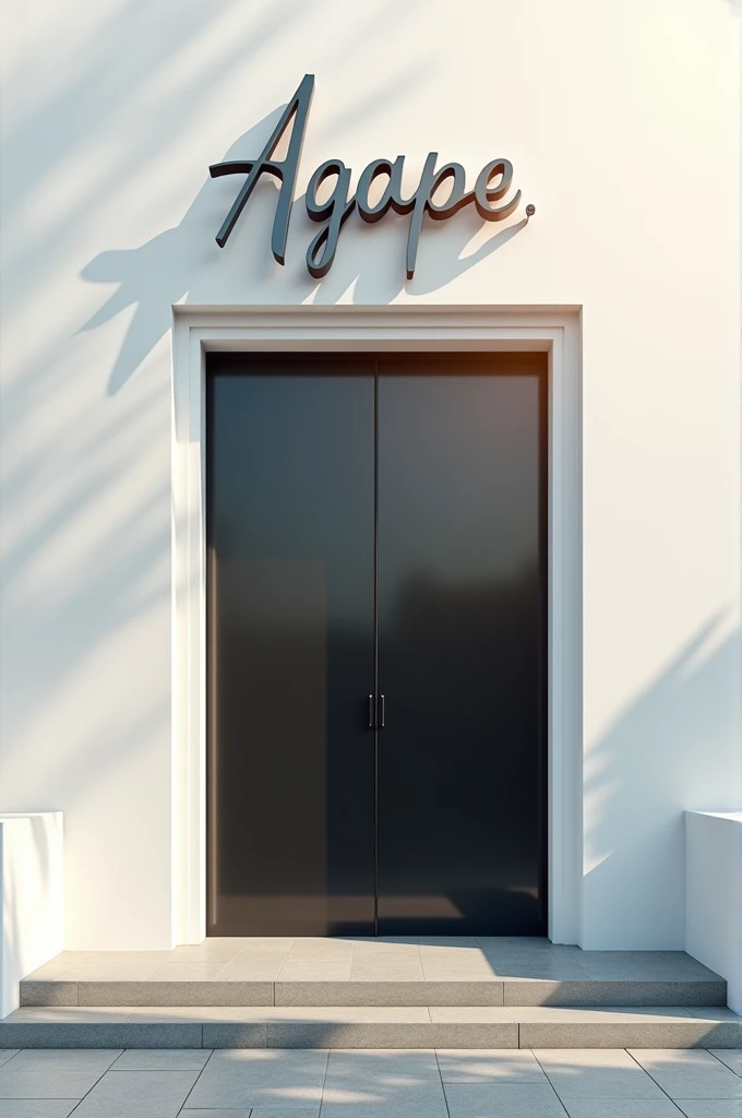 Create a church front with a large silver metal sign written" agape". The wall has an 8m black sliding glass door. The sign is above it. The wall is white. 