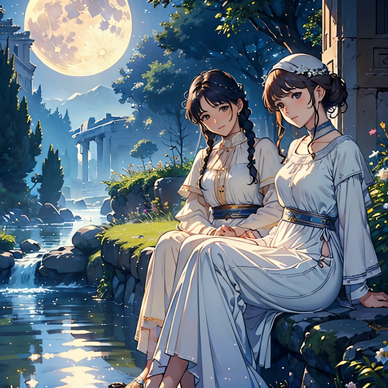 (Highest quality、High resolution、masterpiece)、4K Anime Art、(two women are sitting on a rock in the river、Facing each other、whole body、18-year-old)、(ancient greek scene) 、(Detailed depiction of a beautiful face)、Put your hair up、Captivating smile、(Ancient Greek Clothing、White tunic)、Movie Scenes、Soft Light、Ray Tracing、Soft Focus、greek architecture columns、greek pine、Blur the background、(Full moon in the night sky:1.2)、(Edmund Leighton Style)、(alma tadema style)、(David Hamilton Style)、(Sergeant Style)、