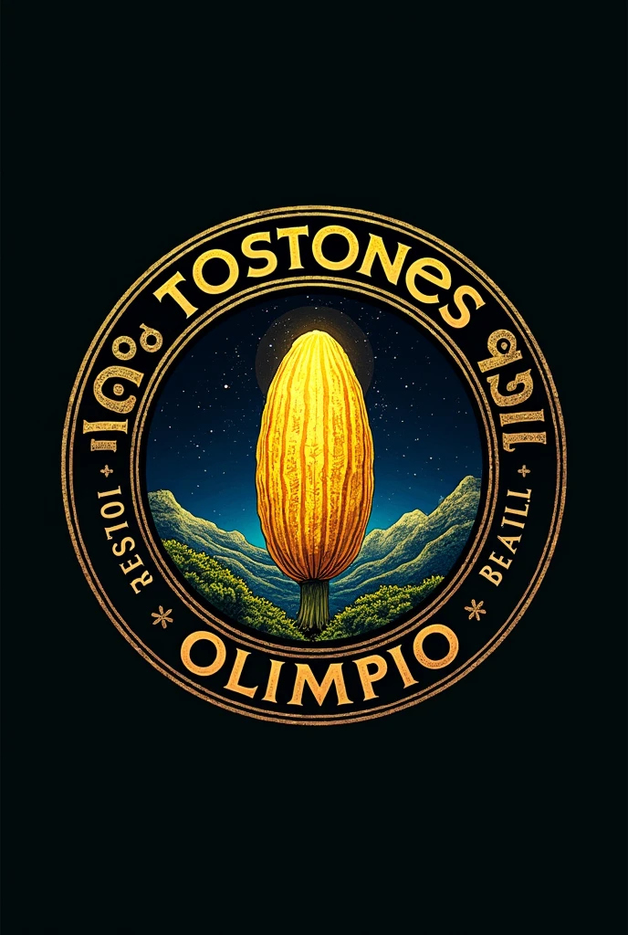 Black round with royal blue border that says tostones del Olimpo with a plantain that has a touch of the gods