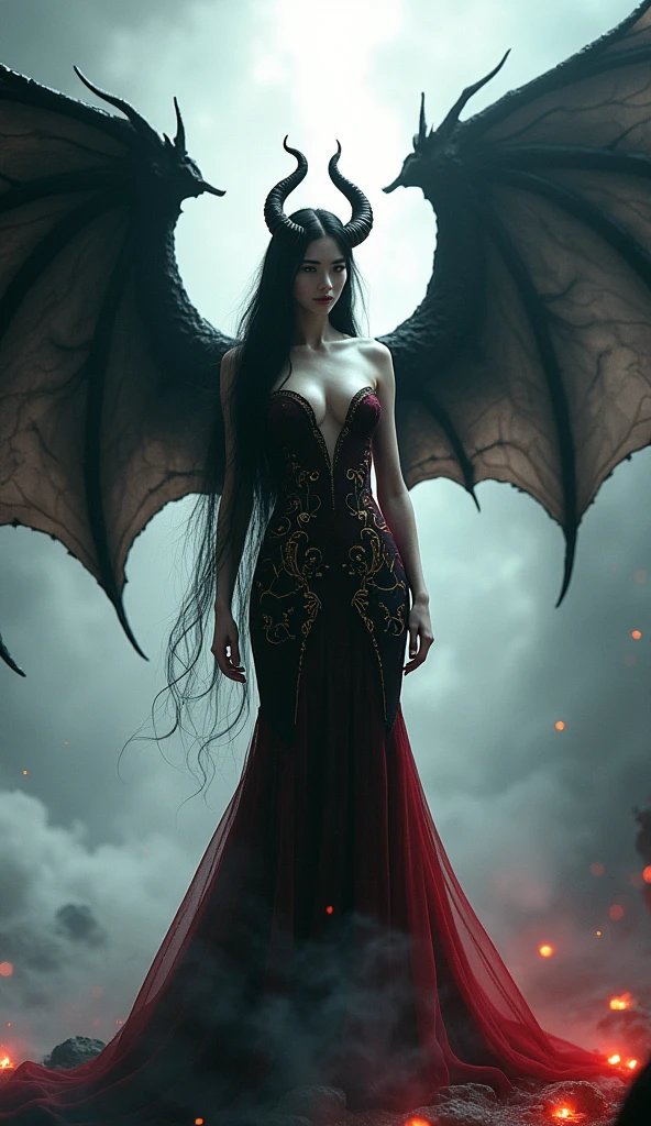 (RAW shooting:1.5, realistic:1.5, Fantasy:1.5, 8D), light and dark, (Highest quality, Masterpiece, Ultra high resolution), The Desolated Demon World, ((Perfect dynamic composition:1.7, Wear exquisite jewelry:1.6)), (Clearly separated, Angel wings and devil wings, White wings and black wings), (Realistic picture, highest resolution), The beautiful face with a calm and elegant expression, Completely gone, (A demon god with wide wings and enormous power on his shoulders., black bat wings:1.2, white angel wings:1.5), (Beautiful girl with two meter long hair, Shiny black hair, Smooth white skin, Lips are very red.), ((stand, finished)), (big breasts, big breast), (gigantic breast, breast augmentation, Breast 400 cc., small waist, hips raised, small thighs, Long legs), (dynamic poses), (Armor that slightly covers the body), Separate theme, (Angel wings and devil wings), floating in the air above the ground, background darkness, Embraced with twelve wings, He with a crown-like radiance, Those who have light, Wearing little armor, Energy comes out of the body., sparkling wings, White light, black light, Amazing wings, beautiful posture, 8K resolution, Resolution 4000 x 2250 pixels, beautiful posture, Angel wings and devil wings, (Realistic picture, highest resolution), Angel wings and devil wings, White wings and black wings, Angel wings and bat wings, Angel wings and devil wings, White wings and black wings, (เน้นที่big breastsโต, big breastโต), (gigantic breast, small waist, hips raised, small thighs, Long legs), (dynamic poses), (A form-fitting dress in black and red with beautiful patterns, Decorated with gold embroidery, Show off your body to the fullest), Tight-fitting outfit, Short film set that reveals the body, (Angelic and demonic wings separated on the back shoulders), Very full and plump breasts, Breasts that overflow and push against the fabric of the dress, see full body, See every part of the body, full body image, Visible from head to toe