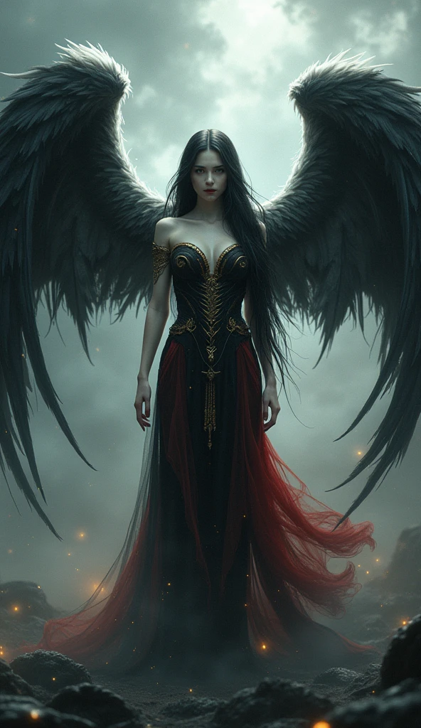 (RAW shooting:1.5, realistic:1.5, Fantasy:1.5, 8D), light and dark, (Highest quality, Masterpiece, Ultra high resolution), The Desolated Demon World, ((Perfect dynamic composition:1.7, Wear exquisite jewelry:1.6)), (Clearly separated, Angel wings and devil wings, White wings and black wings), (Realistic picture, highest resolution), The beautiful face with a calm and elegant expression, Completely gone, (A demon god with wide wings and enormous power on his shoulders., black bat wings:1.2, white angel wings:1.5), (Beautiful girl with two meter long hair, Shiny black hair, Smooth white skin, Lips are very red.), ((stand, finished)), (big breasts, big breast), (gigantic breast, breast augmentation, Breast 400 cc., small waist, hips raised, small thighs, Long legs), (dynamic poses), (Armor that slightly covers the body), Separate theme, (Angel wings and devil wings), floating in the air above the ground, background darkness, Embraced with twelve wings, He with a crown-like radiance, Those who have light, Wearing little armor, Energy comes out of the body., sparkling wings, White light, black light, Amazing wings, beautiful posture, 8K resolution, Resolution 4000 x 2250 pixels, beautiful posture, Angel wings and devil wings, (Realistic picture, highest resolution), Angel wings and devil wings, White wings and black wings, Angel wings and bat wings, Angel wings and devil wings, White wings and black wings, (เน้นที่big breastsโต, big breastโต), (gigantic breast, small waist, hips raised, small thighs, Long legs), (dynamic poses), (A form-fitting dress in black and red with beautiful patterns, Decorated with gold embroidery, Show off your body to the fullest), Tight-fitting outfit, Short film set that reveals the body, (Angelic and demonic wings separated on the back shoulders), Very full and plump breasts, Breasts that overflow and push against the fabric of the dress, see full body, See every part of the body, full body image, Visible from head to toe