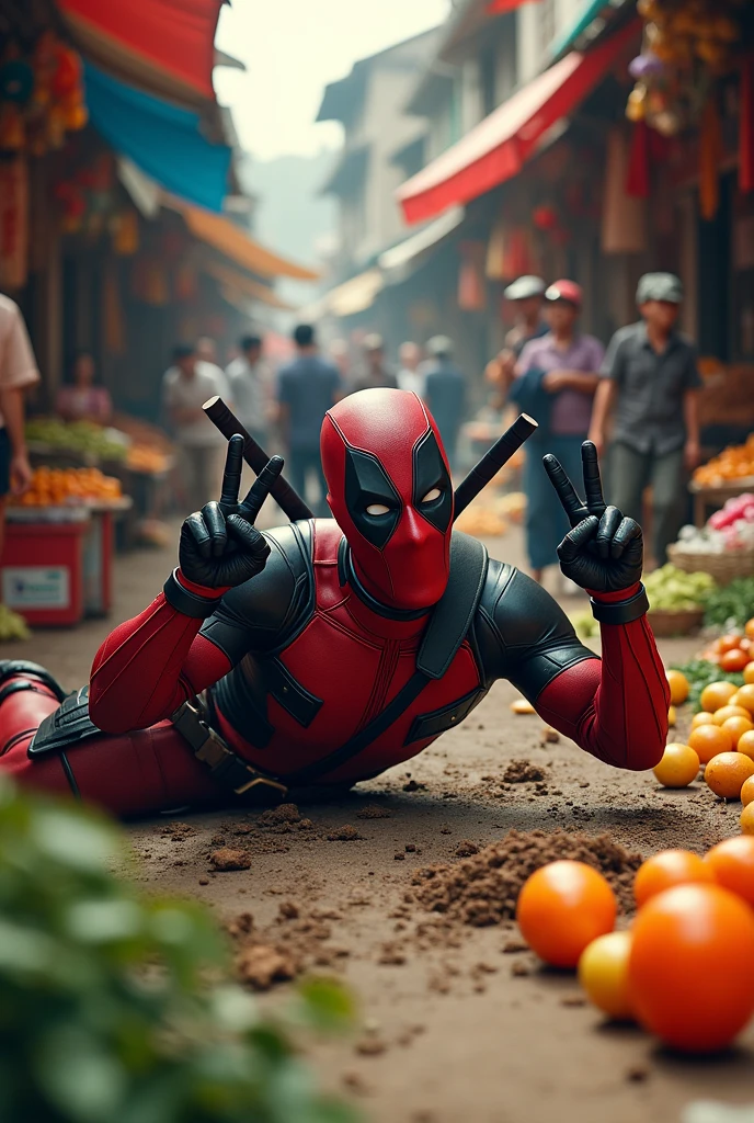 (photorealism:1.2), (HDR quality), (realistics), the deadpool is falling on the ground  he got stabs by wolverine claws on the chest(angry face), deadpool with his one hand is raise peace mark fingers, at the traditional market(detailed situations and conditions), many people watching them