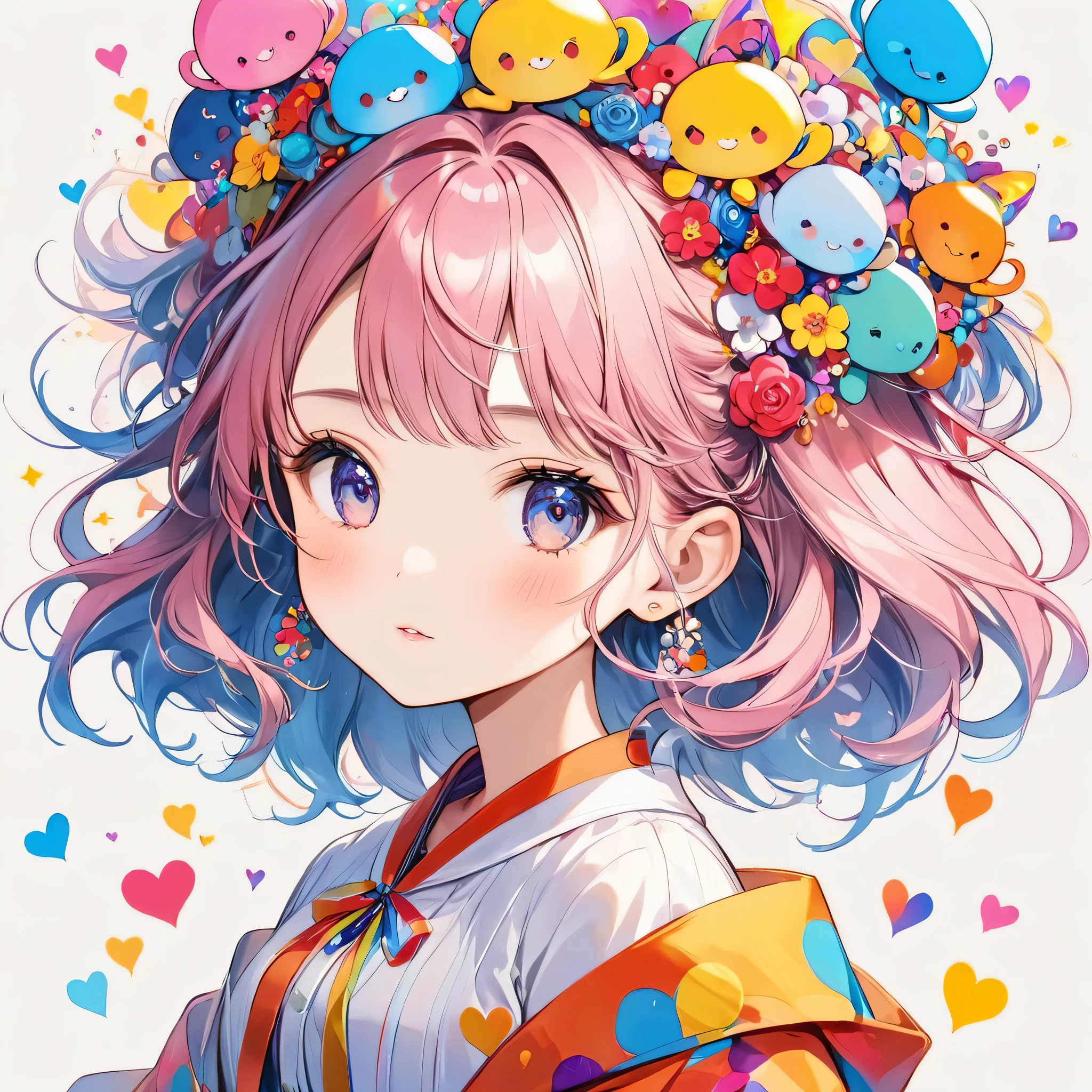 Mika Pikazo colorfull style, Simple Line Initialism,Abstract art,(((The most beautiful girl of all time))), (((chibi))), Sweet face. colorful hearts, funny design, (((bosom buddy ))), (((Cute Aliens))), The background is space