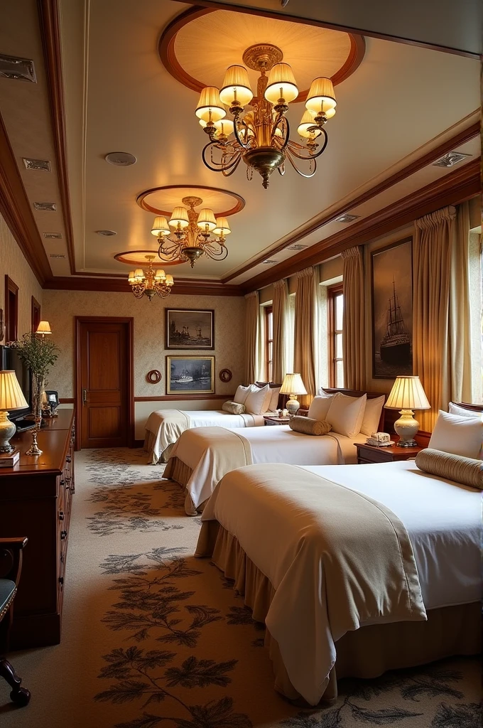 Creates spacious BBB style room with 9 full beds with Titanic theme 