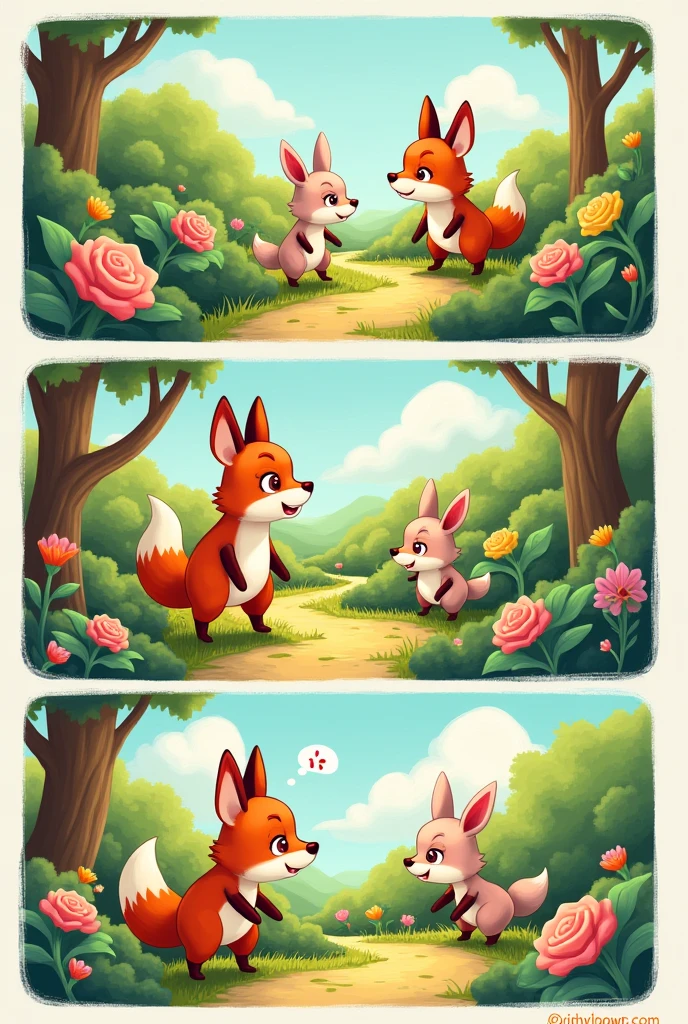 Make a comic strip with cute animals
Two characters are lost in a maze. In Panel 1, Character A says, "Let's go left!" while Character B replies, "No way, we should go right!" In Panel 2, after both realize they’re still lost, B suggests, "Maybe we should combine our ideas?" In Panel 3, they agree to work together, coming up with a new plan to split the path and mark their way out of the maze, showing their cooperation leads to progress
