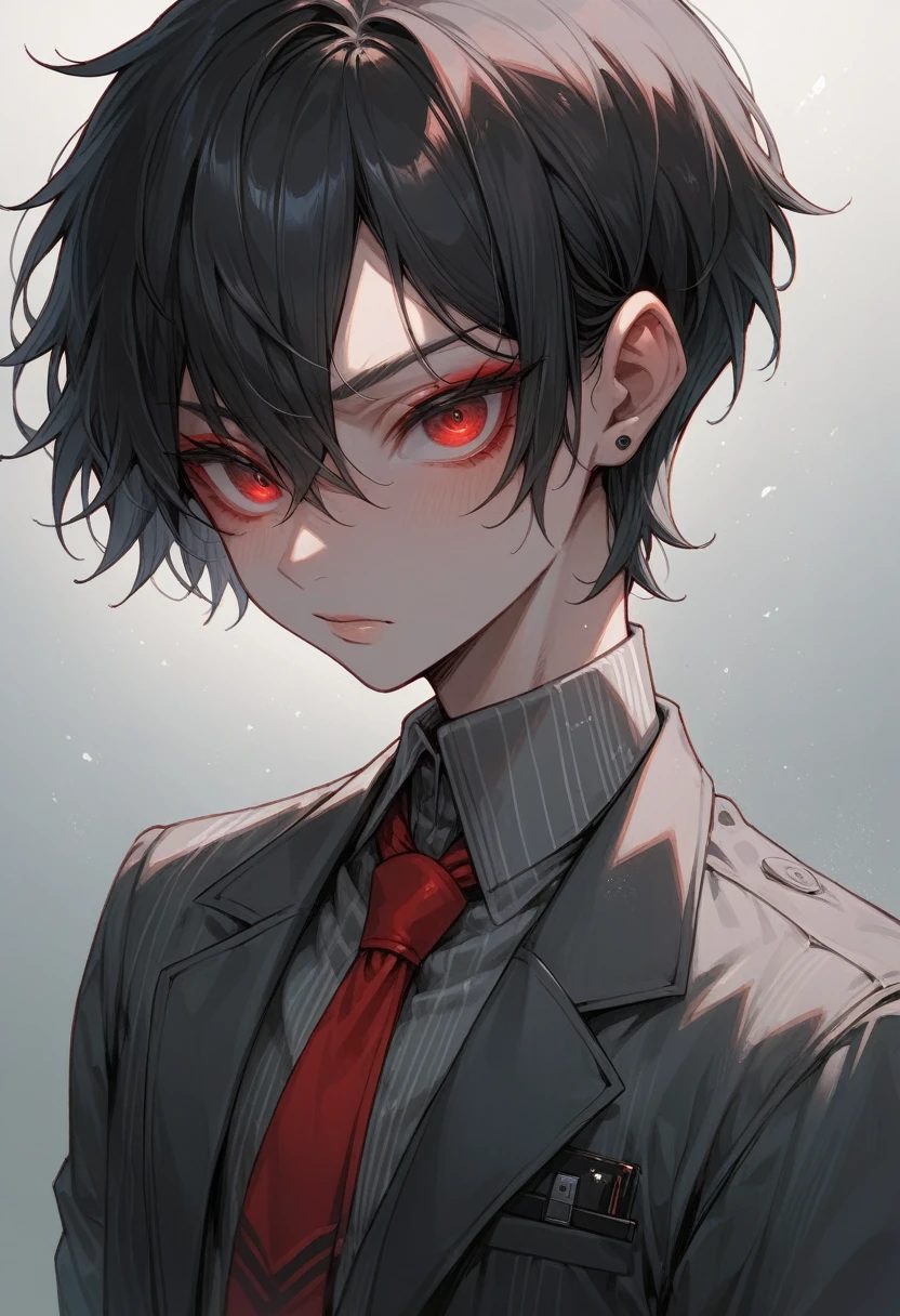 A thin, feminine-looking boy with black hair and red eyes, wearing a gray suit with a red tie,