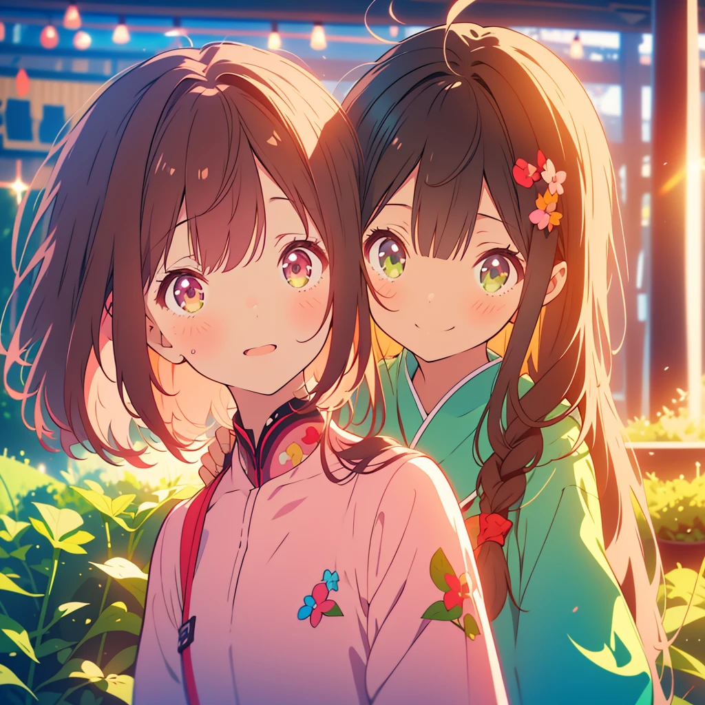 kawaii, anime, Cute, hyper quality, highly detailed, 8k, Clarity, Draw facial expressions in detail, A young girl with long dark brown hair and green eyes, A young girl with short light pink hair and scarlet eyes., blueberry, good friends, highlight on eyes, blueberry field, 	