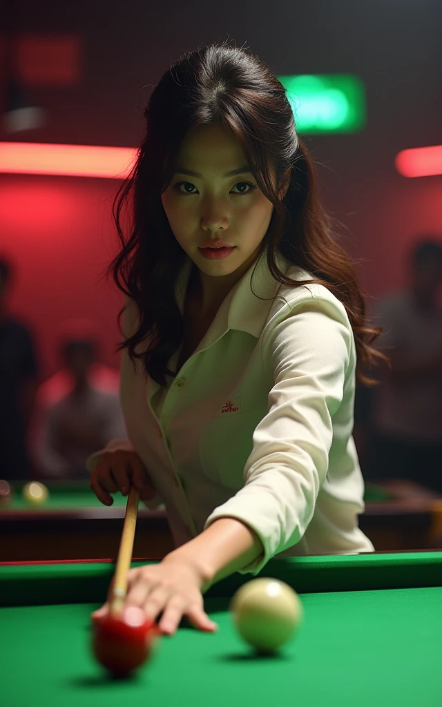 Women's billiards champion,18-year-old Korean beauty,Fair skin,Charming,beauty,(Korean plastic surgery face)Focus,The best lights and shadows,Finals Background,Professional Arena,The generated photos are all of the same person