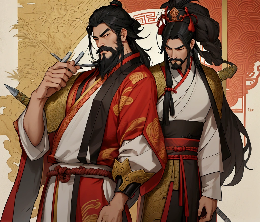 A male character wearing a Chinese costume holding a halberd ,Characters in the Three Kingdoms, ancient soldier, Wearing Chinese iron armor, , Chinese warrior character design,Use Chinese weapons, lu bu ,Yes, it's a Chinese general's hat.,Has a long beard and mustache,Middle-aged man,Chinese people,black hair,see the whole body,See the whole head, face, body, arms and legs in yellow tones."Tall,