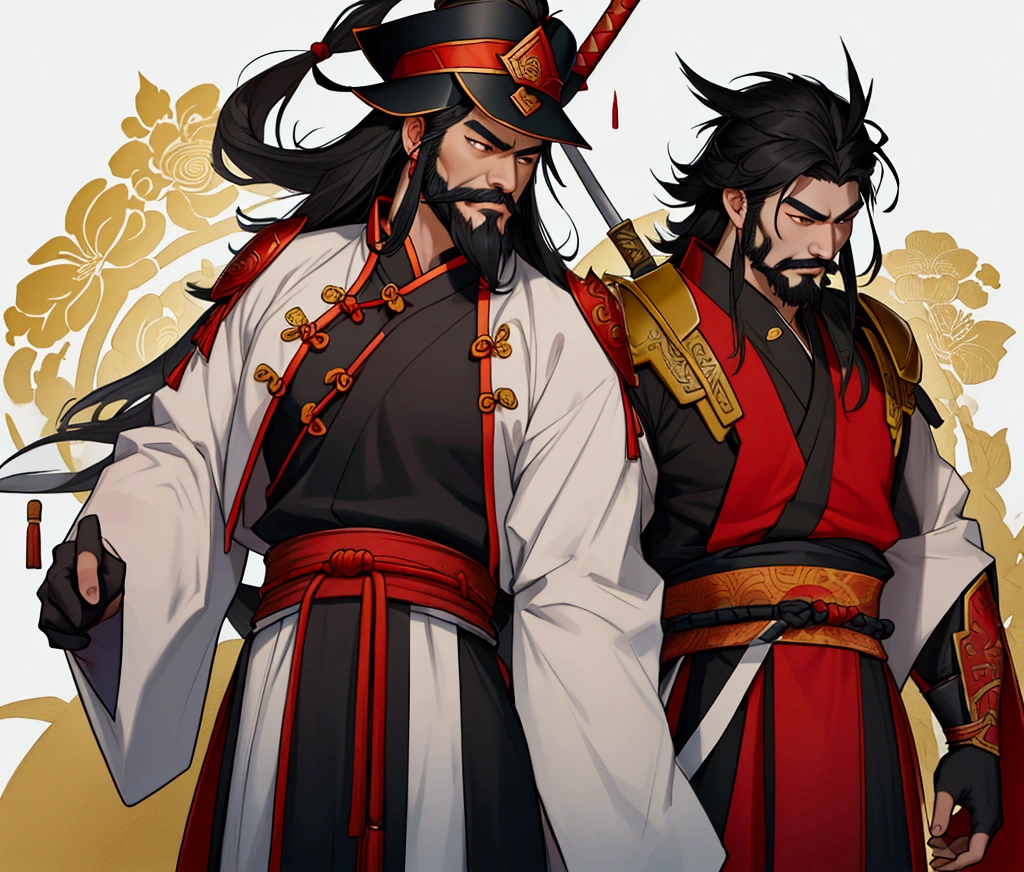 A male character wearing a Chinese costume holding a halberd ,Characters in the Three Kingdoms, ancient soldier, Wearing Chinese iron armor, , Chinese warrior character design,Use Chinese weapons, lu bu ,Yes, it's a Chinese general's hat.,Has a long beard and mustache,Middle-aged man,Chinese people,black hair,see the whole body,See the whole head, face, body, arms and legs in yellow tones."Tall,
