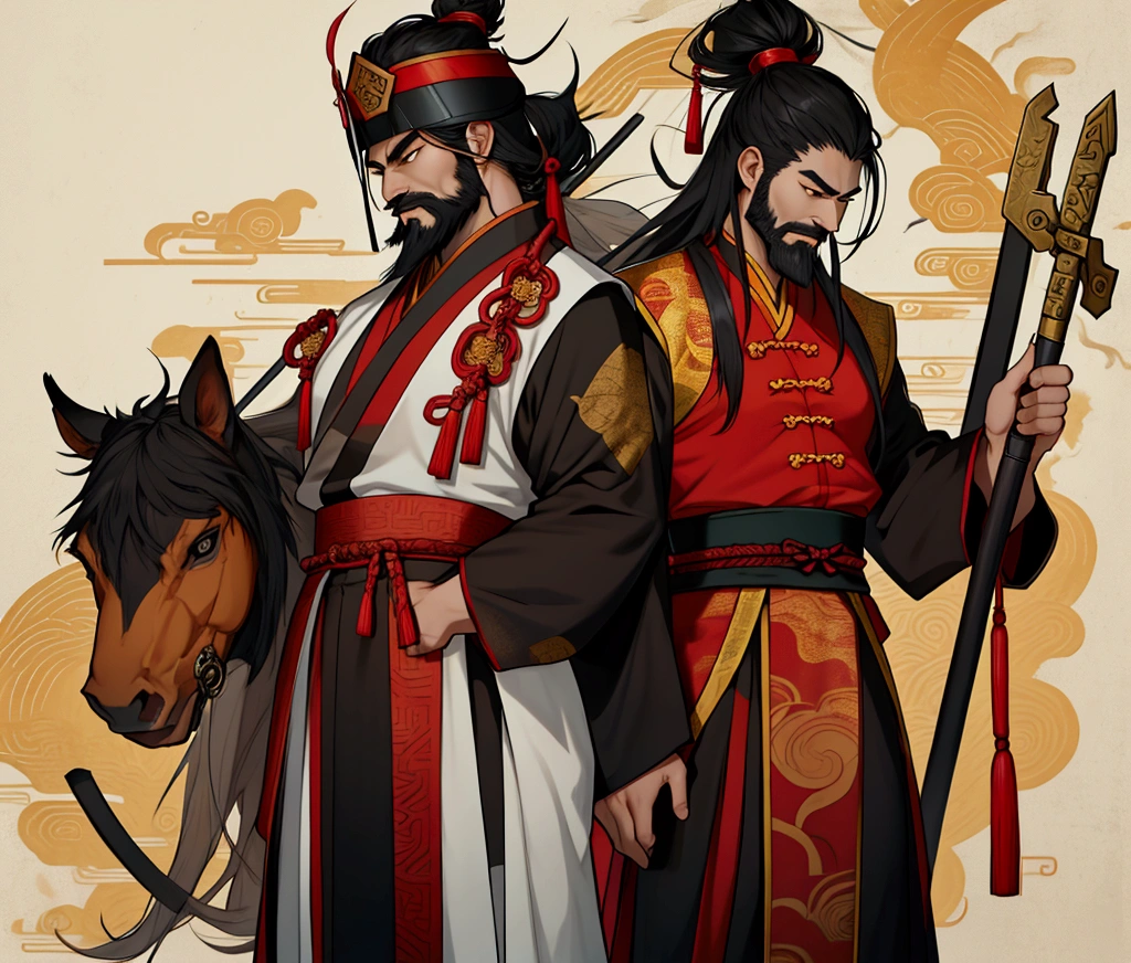 A male character wearing a Chinese costume holding a halberd ,Characters in the Three Kingdoms, ancient soldier, Wearing Chinese iron armor, , Chinese warrior character design,Use Chinese weapons, lu bu ,Yes, it's a Chinese general's hat.,Has a long beard and mustache,Middle-aged man,Chinese people,black hair,see the whole body,See the whole head, face, body, arms and legs in yellow tones."Tall,