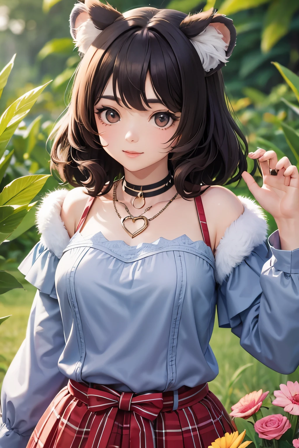 Cute and beautiful anthropomorphic koala girl with brown curly bob hair wearing a heart shaped choker in a beautiful flower field
