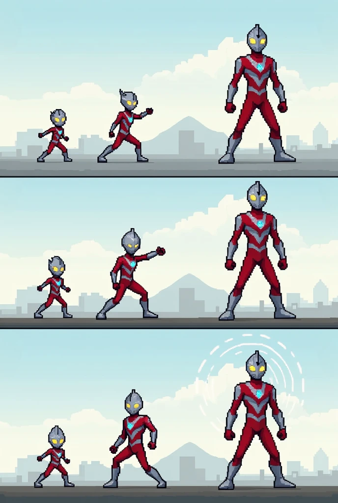 Make a step by step 4 pixel picture to transform into Ultraman. with stickman image model
