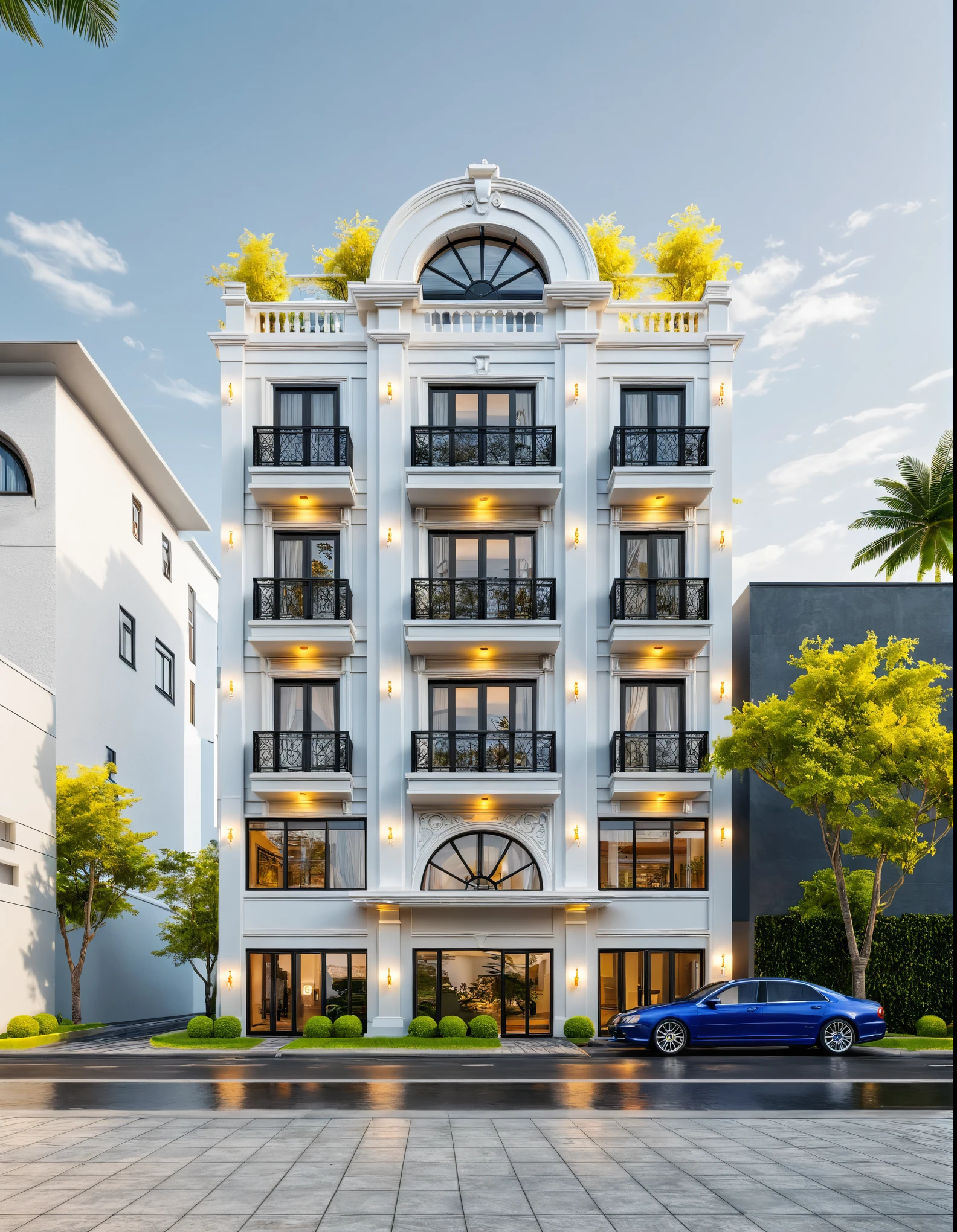 neo classical villa on street, (daylight), tropical tree, vivid colour, streetcapes, white tone, black detail, white wall, large glass door, warm interior lighting, best quality, masterpiece, ultra realistic