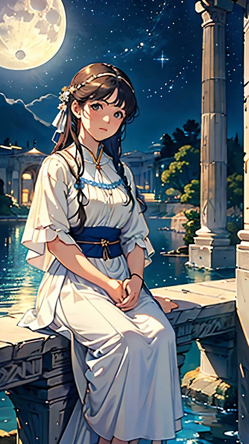 (starry skies:1.2)、(Highest quality、High resolution、masterpiece)、4K Anime Art、(two women are sitting on a rock in the river、Facing each other、whole body、18-year-old)、(ancient greek scene) 、(Detailed depiction of a beautiful face)、Put your hair up、Captivating smile、(Ancient Greek Clothing、White tunic)、Movie Scenes、Soft Light、Ray Tracing、Soft Focus、greek architecture columns、greek pine、Blur the background、(Full moon in the night sky:1.2)、(Edmund Leighton Style)、(alma tadema style)、(David Hamilton Style)、(Sergeant Style)、