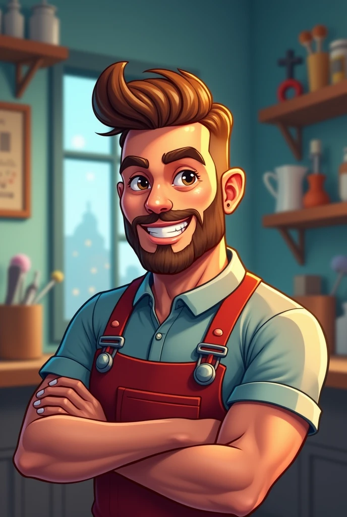 Image professionnelle pour photo de profil Instagram de mon compte de Plaquiste enduiseur, fais un avatar de moi en plaquiste, j'ai un bouc barbu, cheveu châtain clair un peu chauve, souriant. fais comme une image de jeu vidéo
