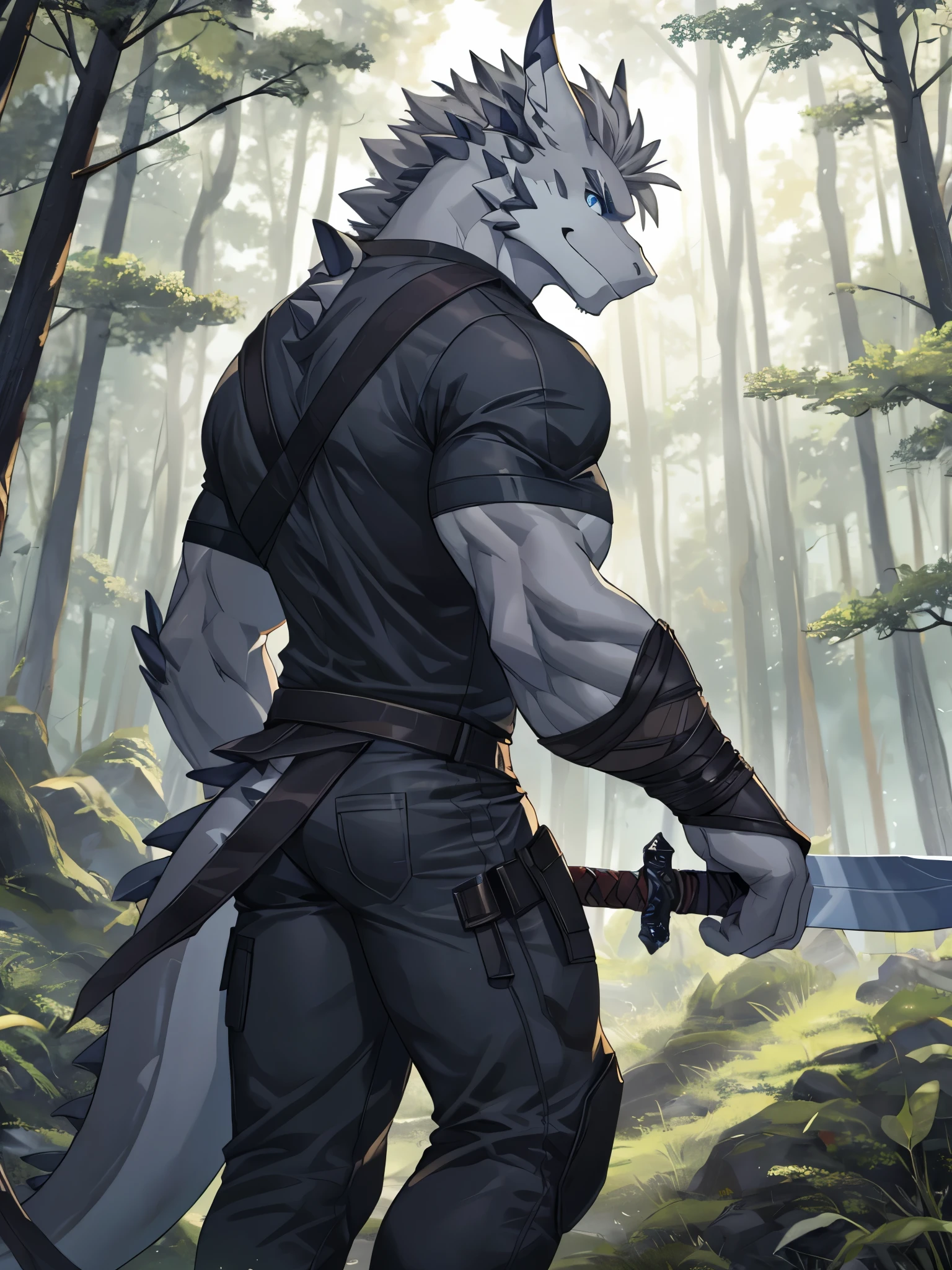 Masterpiece, Solo, Furry Gray Dragon, Blue Eyes, Medium Gray Hair, Muscular Body, Cool Pose, Handsome, Good Looking, Adult, Fierce, Smirking, combat pants, shirtless, Back Sword, Forest background